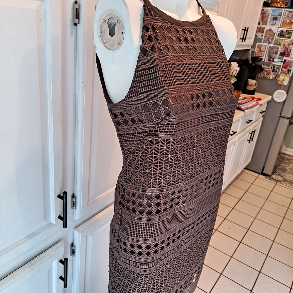 Brown Shimmer Crochet Laser Cut Halter Sheath Dress - Picture 4 of 11